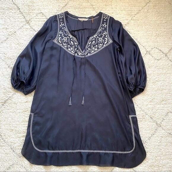 Rebecca Taylor Navy Silver Embroidered Silk Boho Mini Dress Size 4 - Picture 4 of 9